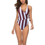 Striped Swimsuit One Piece Cross Lace Up Women's Swimming